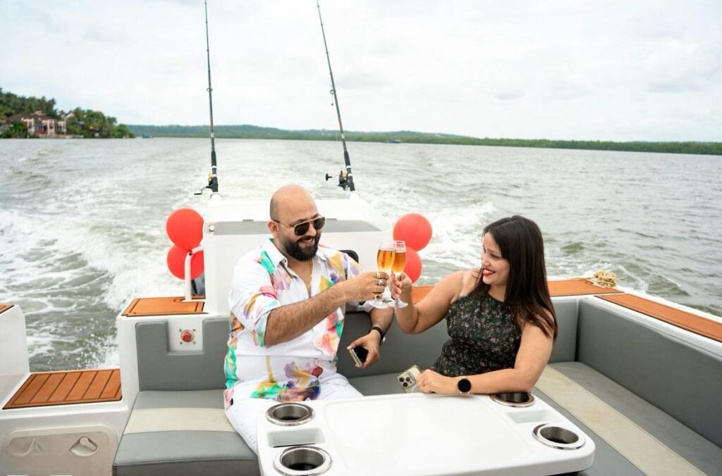 Gazing into each other's eyes on a private yacht, setting sail for adventure.