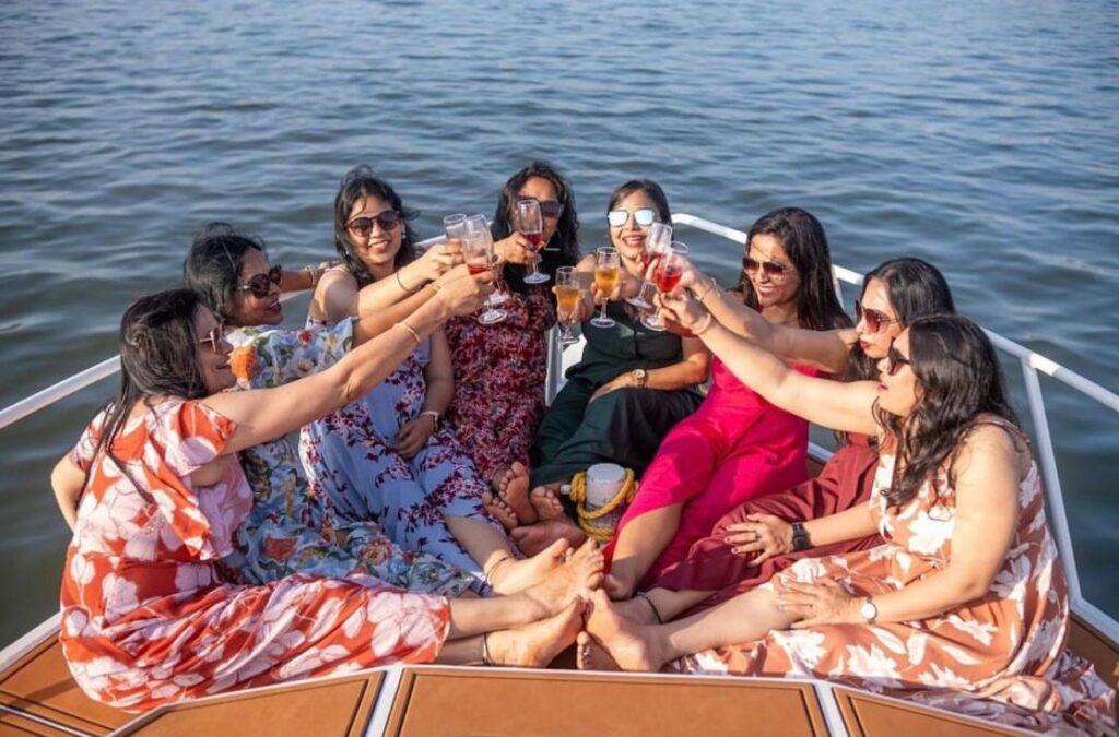 Unforgettable feminine yacht fiesta with friends, enjoying breathtaking views.